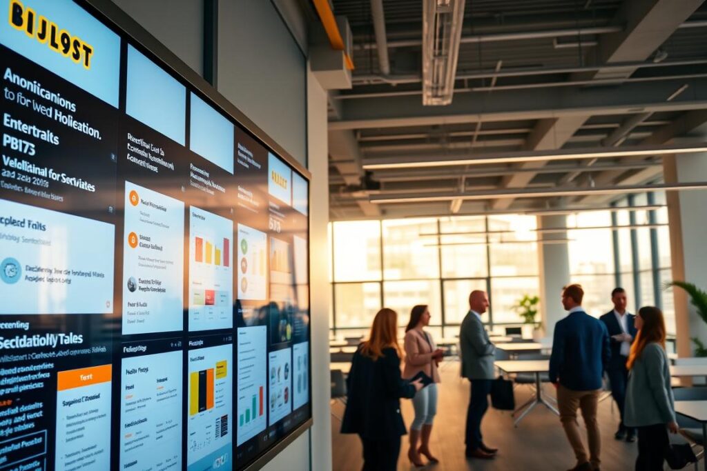 A digital bulletin board in a modern office, illuminated by warm, diffused lighting. The foreground showcases various notifications, announcements, and event details displayed on sleek digital screens. In the middle ground, employees gather around the board, engaged in discussions and sharing information. The background features an open-concept workspace with minimalist furniture and large windows, providing a tranquil, professional atmosphere. The overall scene conveys efficiency, collaboration, and the seamless integration of technology in the workplace.
