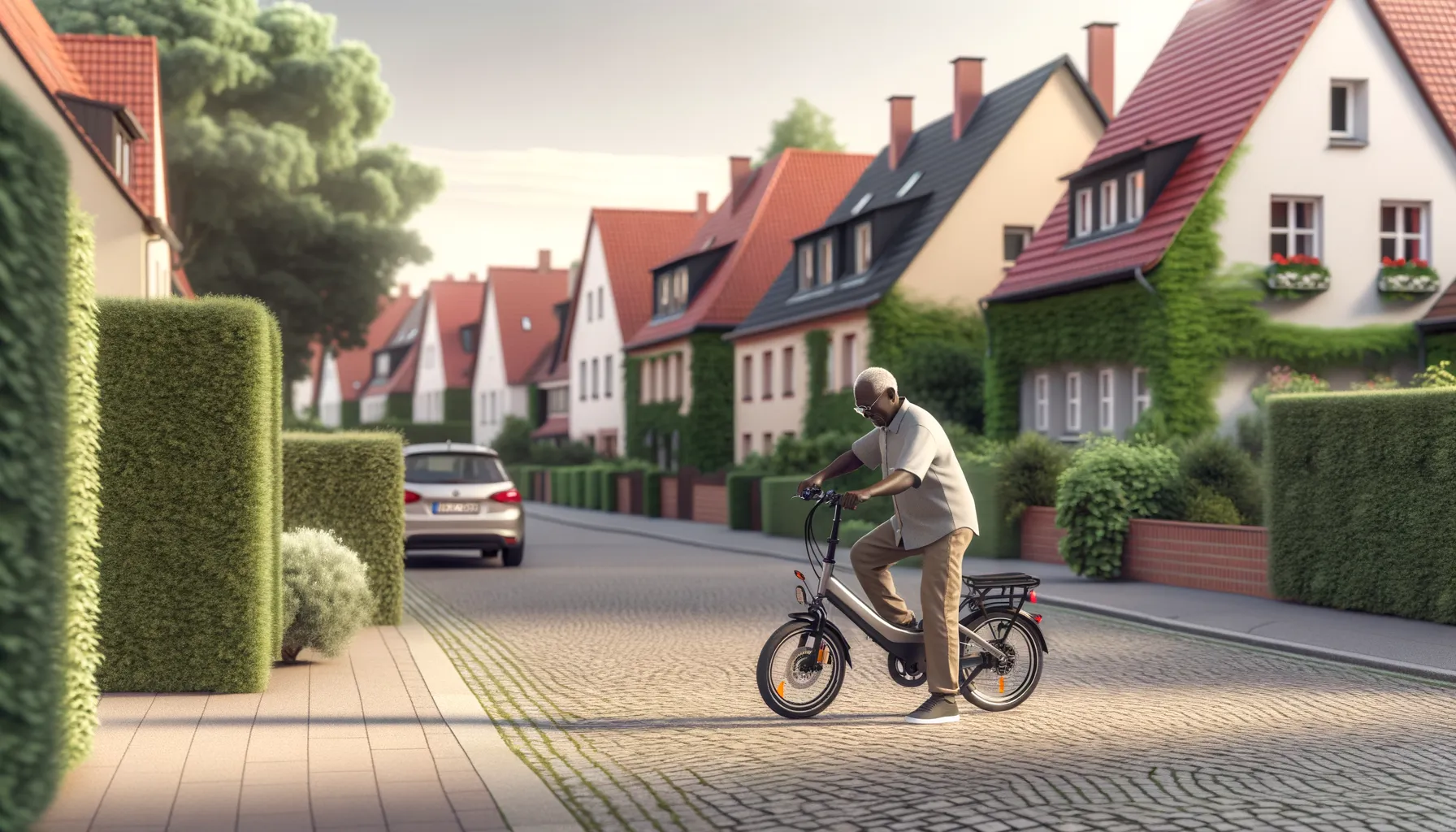 Senior steigt sicher auf ein E-Bike mit tiefem Einstieg